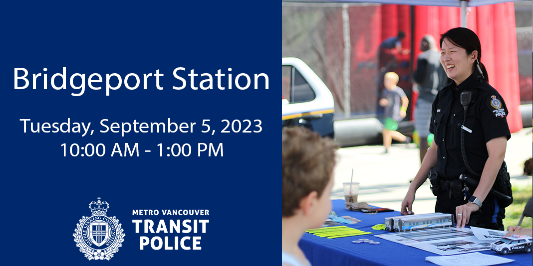 Graphic with smiling police officer and the words: Bridgeport Station, Tuesday, September 5, 2023, 10:00 AM - 1:00 PM